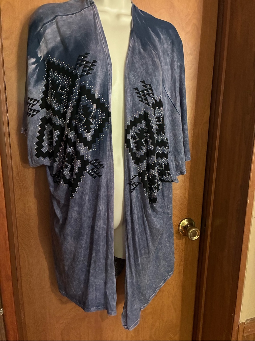 Vocal Blue Aztec Pattern Bling Draped Kimono Large
